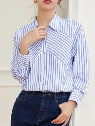 Women's Blouses QOERLIN Womens Long Sleeve Button Up Blue Shirts Irregular Striped Blouse Loose Fit Casual Office Ladies Tops S-XL