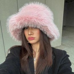 Y2k Fluffy Faux Fur Bucket Hat Women Rabbit Warm Thick Plush Winter Lady Luxury Fashion Party Panama Fisherman Cap 230920