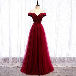 Party Dresses Burgundy Evening Dress Beads Bling O-Neck A-Line Floor-Length Sequins Short Sleeves Tulle Formal Gown Woman B301