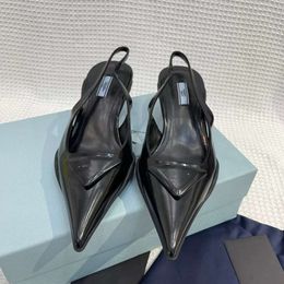 High version P family's triangular Baotou sandals for women's new cat heel fairy style hollow leather pointed high heels