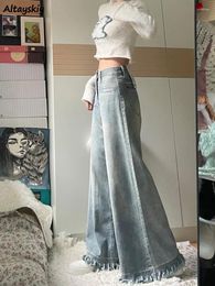 Women's Jeans Tassel Women Denim Trousers Washed Retro Vintage Mopping Irregular Fashion Pocket Wide Leg Leisure Street Kpop Y2k Ulzzang