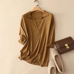 Women's Sweaters Summer Worsted Silk Wool Sweater Women V Lapel Five-quarter Sleeve Solid Color Sunscreen Top