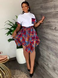 Work Dresses Streetwear Plaid Skirts Sets Woman 2 Pieces Outifits Summer Short Sleeve T-shirts Nad Harajuku Asymmetrical Skirt Preppy Suits