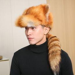 Womens Real Red Fox Fur Hat Russian Ushanka Winter Warm Aviator Trapper Hat Bomber Ski Earlaps Cap