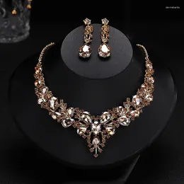 Necklace Earrings Set Elegant Bridal Champagne Zircon Jewelry Wedding Evening Dress Accessories Banquet