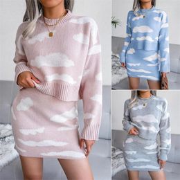 Women's Sweaters European And American Autumn Winter White Cloud Printed Pullover Knitted Sweater Hip Skirt Two-Piece Blue Pink Grey