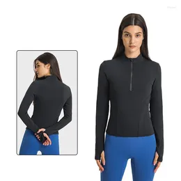 Active Shirts Stretch Nylon Mock-Neck Quarter-Zip Sweatshirt Gym Top Women Long Sleeve Running Workout Yoga With Thumb Holes