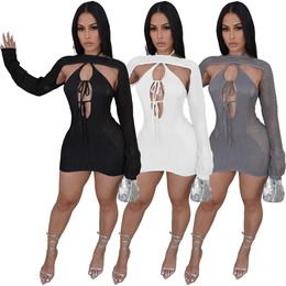 Designer Sexy Hollow Out Dress Women Halter Backless Knitted Dresses Crop Top Two Piece Sets Bodycon Mini Dress Night Club Wear Whoelsae Clothes 10303