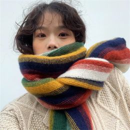 Scarves Rainbow Knit Scarf for Women Winter Thick Cashmere Stripe Shawl and Wrap Fashion Warm Streetwear Girls Foulard Wool 231027