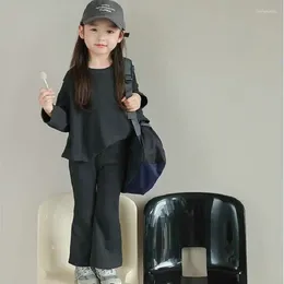 Clothing Sets Spring Autumn Baby And Girls Cotton Loose Plain Black Sweatshirt Flared Pants Kids 2PCS Tracksuit Children Outfits 2-8 Yr
