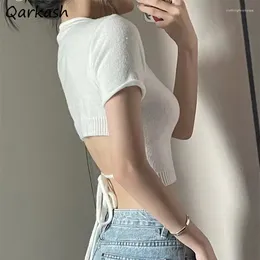 Women's T Shirts Bandage Knitted T-shirts Summer Crop Tops Sexy Slim Sweet Females Arrival Fashion Korean Short Sleeve Solid Casual Knitwear