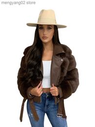 Women's Fur Faux Fur EE1485 Faux Fur Coats with PU Leather Wholeskin Eco Fur Jacket Outwear Luxury Women Winter Slim Jacket Warmer Fur Coats T231030