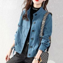 Women's Jackets Stand-Up Collar Corduroy Jacket Spring Fashion Sashes Blue Veste Femme Office Lady Single-Breasted Cropped Coat N58