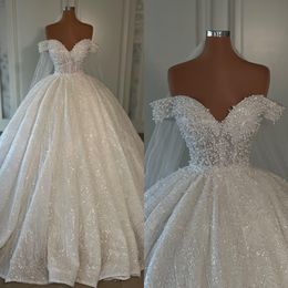 Luxury Crystal Ball Gown Wedding Dresses Off Shoulder Sequins Beads Pearls Wedding Dress Sweep Train bridal gowns