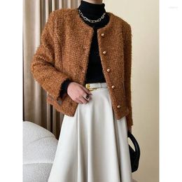 Women's Jackets Women French Brown Woollen Tweed Coat Fashion Leather Pocket Thick Small Fragrance Casual Loose Chic Female Jacket Autumn