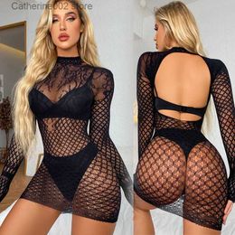 Sexy Set Porn Underwear Ladies See Through Backless Night Dress Sexy Mesh Fishnet Erotic Dresses Body Sex Lingerie Short Mini Dress T231030