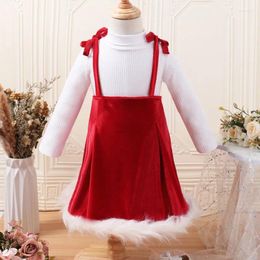 Clothing Sets Kid Girl Christmas Set Solid Colour Mock Neck Textured White Long Sleeve Top And Red Corduroy Suspender Dress 2pcs Clothes