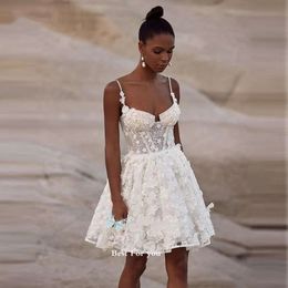 Sexy Short Lace Glitter Wedding Dresses Spaghetti Straps 3D Flowers Sweetheart Corset Bridal Gowns Formal Party Dress