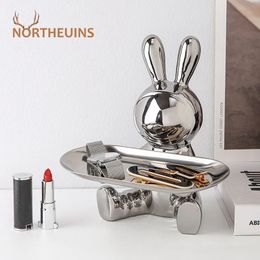 Decorative Objects Figurines NORTHEUINS Resin Electroplated Astronaut Rabbit Tray Figurines for Interior Home Storage Container Decor Objects 231030