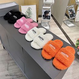 Woollen Balencaiiga Sandal Furry Sandals Family Slipper Shearling New b Women's One Word Cola Embroidered Letters Flat Bottom Leisure Paris Shoes