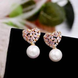 Stud Earrings Pink Heart Pearls Cubic Zircon For Women Wedding Engagement Bridal Fashion Jewellery Accessories Gifts YEA079