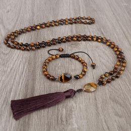 Necklace Earrings Set Vintage 108 Beads Mala 6mm Natural Tiger Eye Stone Bracelet Handmade Meditation Yoga Tassel Jewellery Women Men Gift