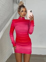 Casual Dresses Mozision Turtleneck Long Sleeve Ruched Mini Dress Women 2023 Autumn Winter Two Layer Mesh Bodycon Sexy Femme Vestidos