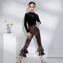 Stage Wear Winter Ballroom Dance Competition Costume Girls Black Latin Top Leopard Pants Kids Performance Clothing SL9353