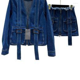 Work Dresses 2023 Runway Women Denim Cotton Jacket Skirt 2 Piece Set Vintage V-neck Front Zipper Chic Pockets Outwear High Waist Mini Skirts