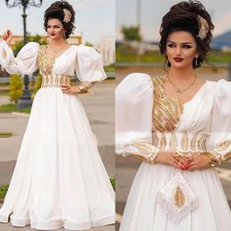 Elegant Turkey Arabic White Evening Dresses With Gold Lace Appliques Beaded Puff Long Sleeves Formal Occasion Dress For Women Floor Length A-Line Prom Gown