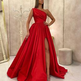 Red One Shoulder Split Dress 2024 Women Formal Party Night Vestidos De Gala A-Line Satin Elegant Simple Long Gowns