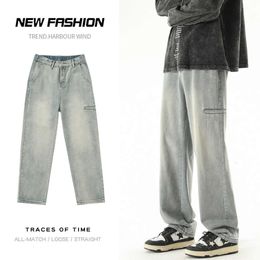 Autumn New Retro Light Blue Baggy Jeans For Men Korean Streetwear Denim Pants Side Pocket Design Elastic Waist Trousers Male