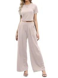 Women's Sleepwear Women S 2 Piece Chic Ensemble Stylish Short Sleeve Crewneck Button Shirt And Comfy Loose High Waist Wide Leg Long Pants