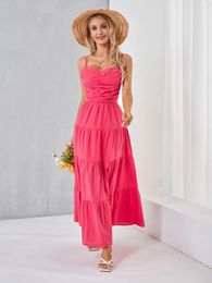 Casual Dresses Women S Summer Long Slip Dress Solid Colour Spaghetti Strap Square-Neck Back Tie-Up Flowy Beach