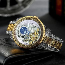 Wristwatches WINNER Luxury Moon Phase Skeleton Mechanical Watches Gold Engraved Automatic Men Watch Stainless Steel Strap Luminous 231027
