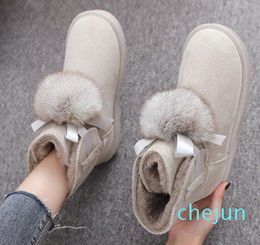 Female Thickened Velvet Increase Ribbons Cute Short Boot Fox Fur Ball Snow Boots
