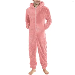 Men's Sleepwear Men Plush Teddy Fleece Pyjamas Artificial Wool Long Sleeve Casual Solid Zipper Loose Hooded Jumpsuit Homewear