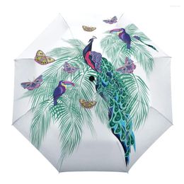 Umbrellas Color Peacock Butterfly Green Leaf Creative Umbrella Rain Women Automatic Three Folding Windproof Parasol Parapluie