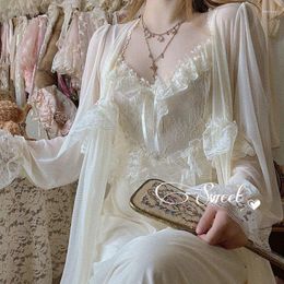 Women's Sleepwear Lace 2PCS Nightgown Women French Retro Vintage Court Style Nightdress Summer Home Dressing Gowns V-Neck Sleepewear Fairy