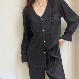 Women's Sleepwear Spring Autumn Long Sleeve Nightwear Pijamas Suit Black Jacquard Women Pajamas Set Loose Satin Home Wear Loungewear