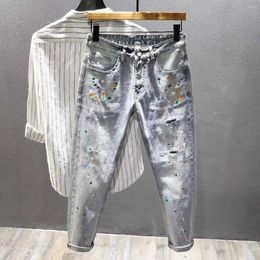 Men's Jeans Autumn Fashion Scratched Broken Blue Trendy Spray Painting Street Slim Fit Small Feet Pants Ripped Men
