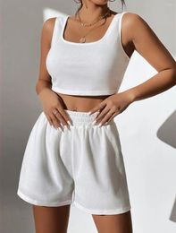 Women's Sleepwear 2 Pieces Set Knit Cotton Pajamas For Women Sleeveless Crop Tank Top Shorts Casual Summer Home Suit Night Wear Outfit White