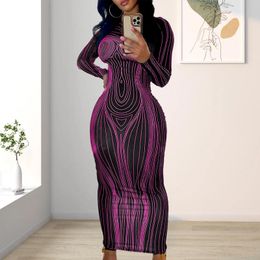 Casual Dresses Women Printed Maxi Dress O-Neck Striped Print Slim Fit Hipster Spring Summer Streetwear