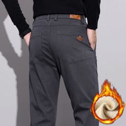 Mens Pants Winter Fleece Slim Straight Warm Soft Velvet Fashion Korean Business Office Casual Trousers Black Grey Blue 231027