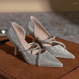 Sandals Spring And Summer Pointed Shallow Mouth Sequins Water Diamond Single Shoes Thin High Heels Banquet Dress Women's