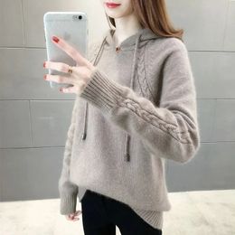 Women's Sweaters Casual Hooded Sweater Women Autumn Winter Korean Loose Long Sleeve Tops Solid Knitwear Pullover Female Red Khaki Clothing 231030