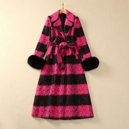 2023 Autumn Pink Plaid Belted Wool Blends Outwear Coat Long Sleeve Notched-Lapel Sequins Single-Breasted Long Outwear Coats Plus Size XXXL S3O261026