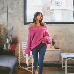 Women's Sweaters Fashion Slash-neck Full Sleeve Knitted Sweater Women Cold Shoulder Elastic Pullovers Femme 2023 Sexy Off-shoulder Jumper