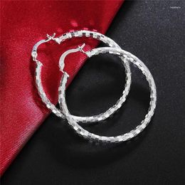 Hoop Earrings 925 Sterling Silver Elegant Women Jewellery Sweet Romantic Lattice Pattern 4CM Big Circle Holiday Gifts