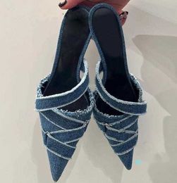 Denim Tassels Pointed Toe Slippers Women Kitten Heel Closed Toe WomenFashion Designer Slippers